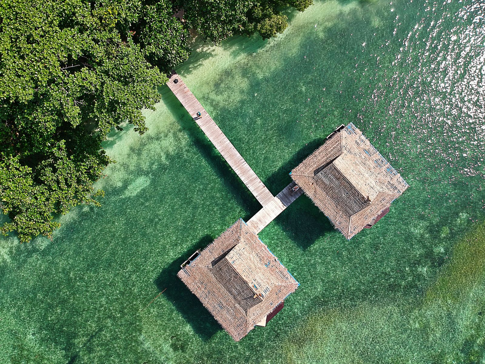 Two thatched overwater bungalows connect to a wooded island by a timber jetty in Raja Ampat.
